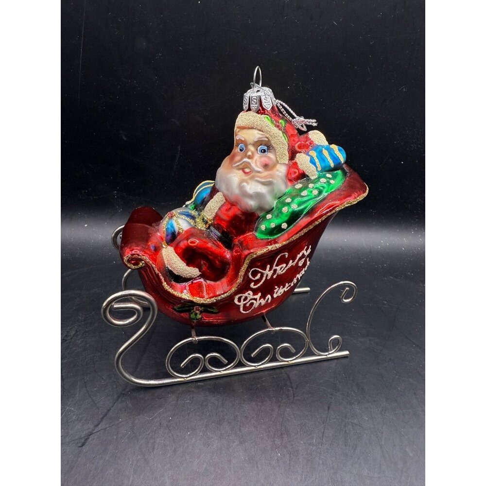 Vintage SUMMIT Glass Christmas Ornament Santa and Toys in Sleigh 5"